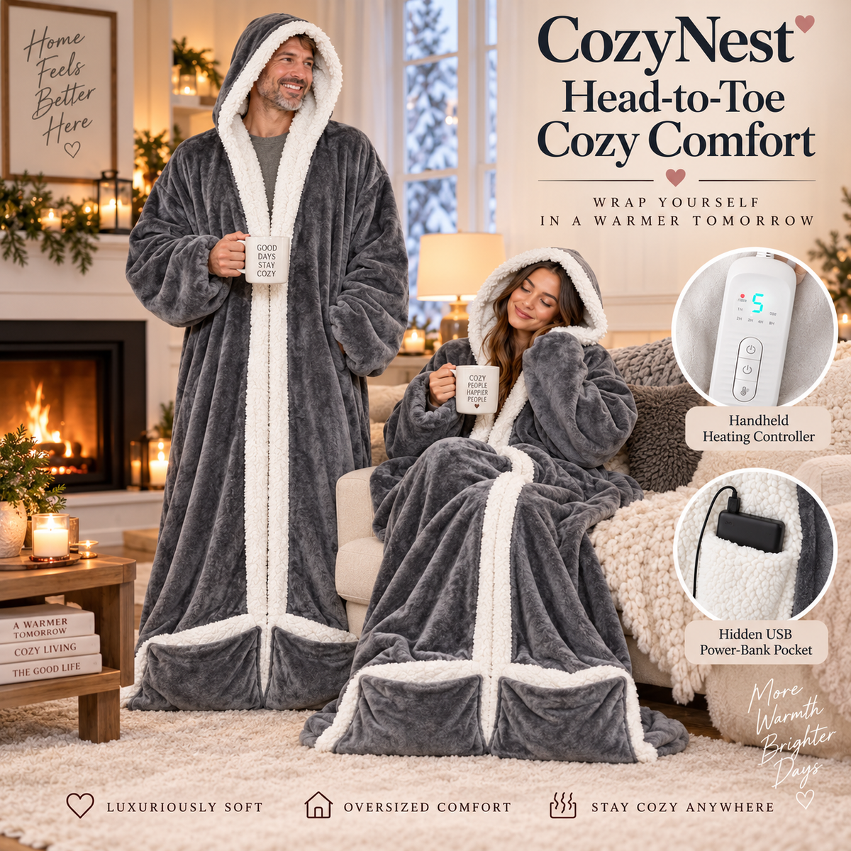 Two people lounging in full-length Heather Gray CozyNest blankets with integrated rectangular foot pockets