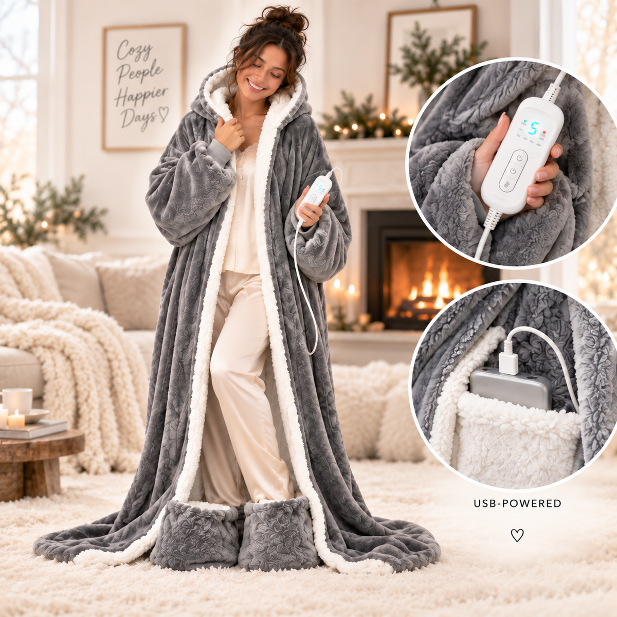 Heather Gray CozyNest full-length concept with controller and power-pocket detail