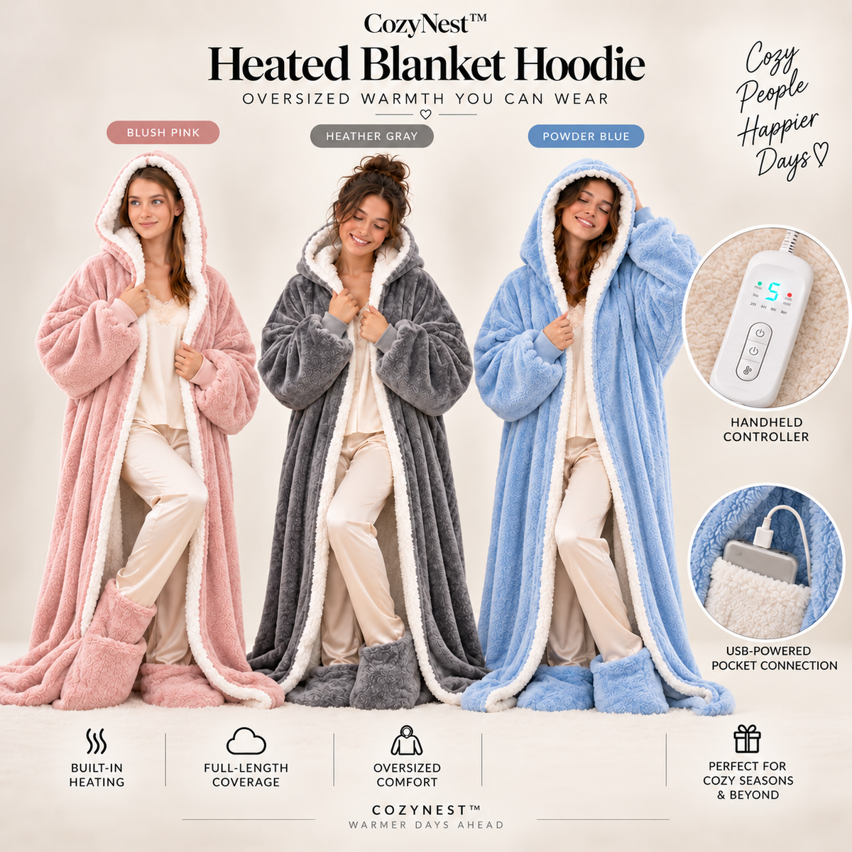 AI styling concept comparing CozyNest in Blush Pink, Heather Gray and Powder Blue, with full-length coverage and controller and pocket illustrations.