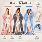AI styling concept comparing CozyNest in Blush Pink, Heather Gray and Powder Blue, with full-length coverage and controller and pocket illustrations.
