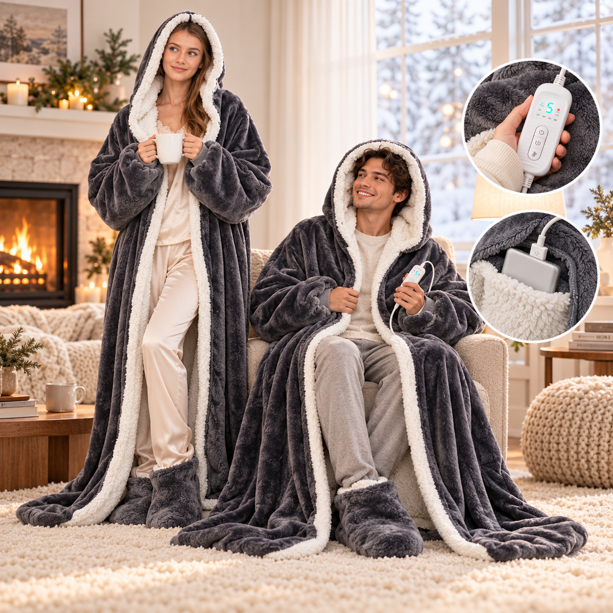 CozyNest full-length gray blanket styling concepts for lounging; final shade and integrated foot-pocket construction await supplier verification